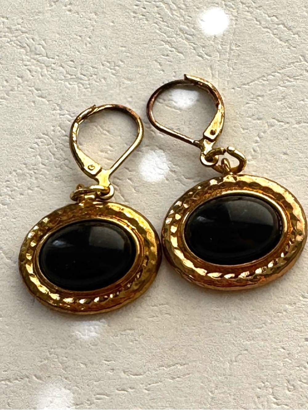Vintage Monet Gold Tone Black Cabochon Drop Earrings Oval Hammered Statement